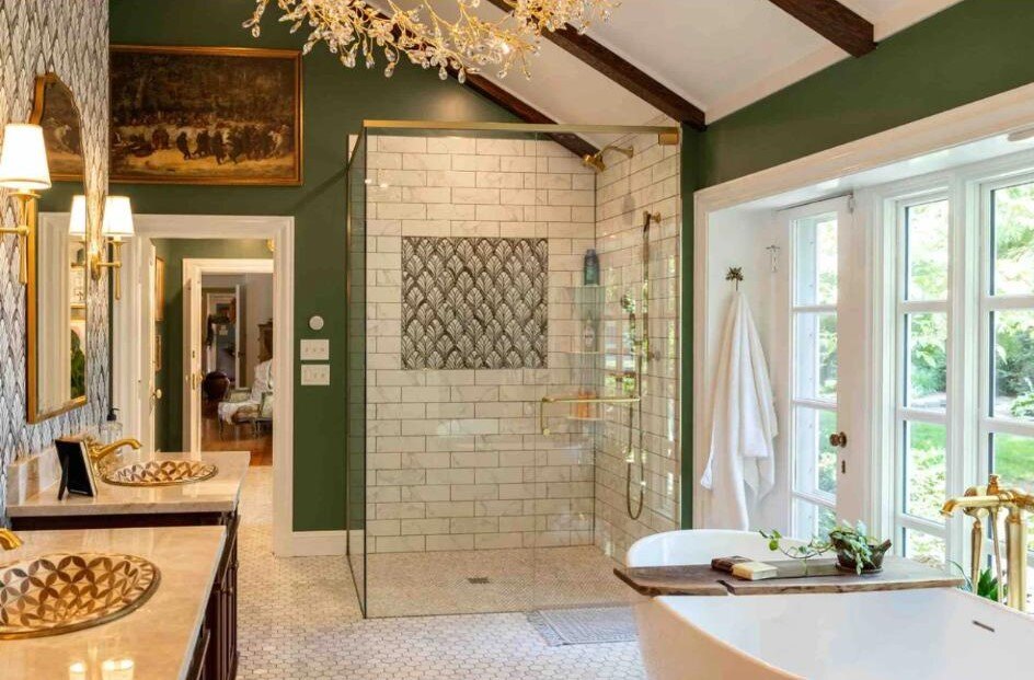 Custom Primary Bath with Green Walls, Walk-in Shower, White Bath Tub, And Double Sink Vanity By True Craft Remodelers-2