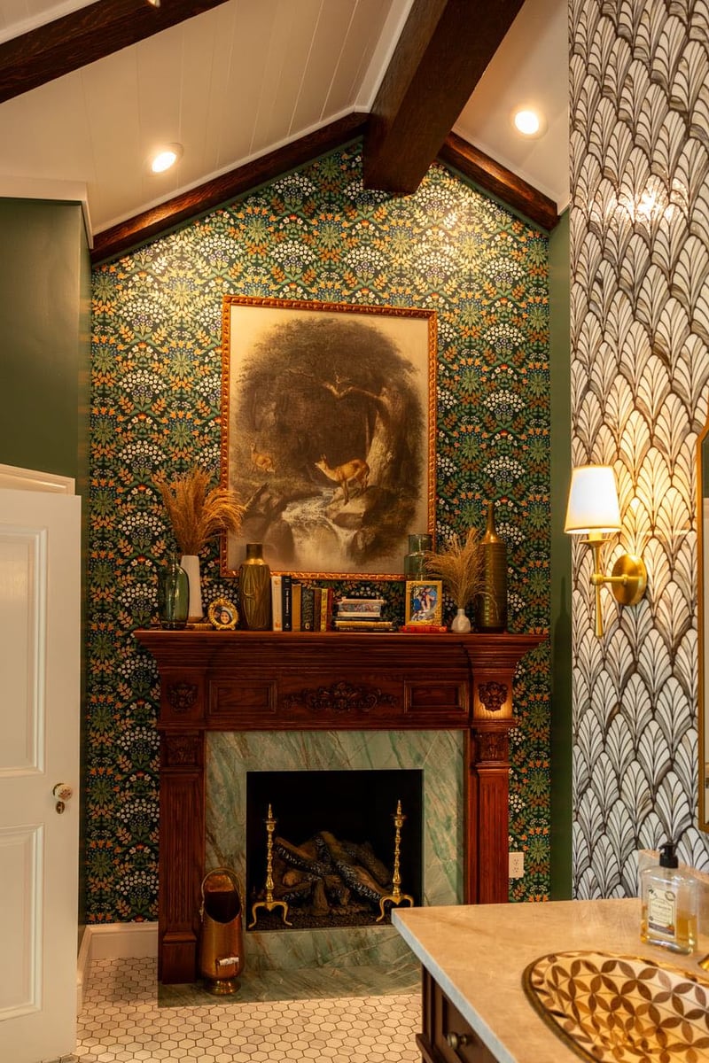 Fireplace & Vaulted Ceilings in Bathroom With Green Walls and Wallpaper