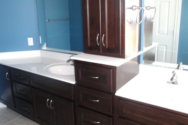 bathroom remodel with brown cabinets in Central Illinois by True Craft Remodelers