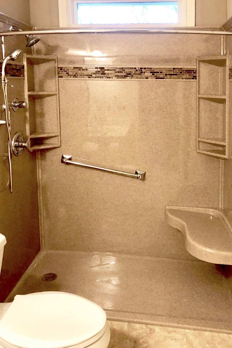 walk in shower with bench and toilet in Central Illinois by True Craft Remodelers