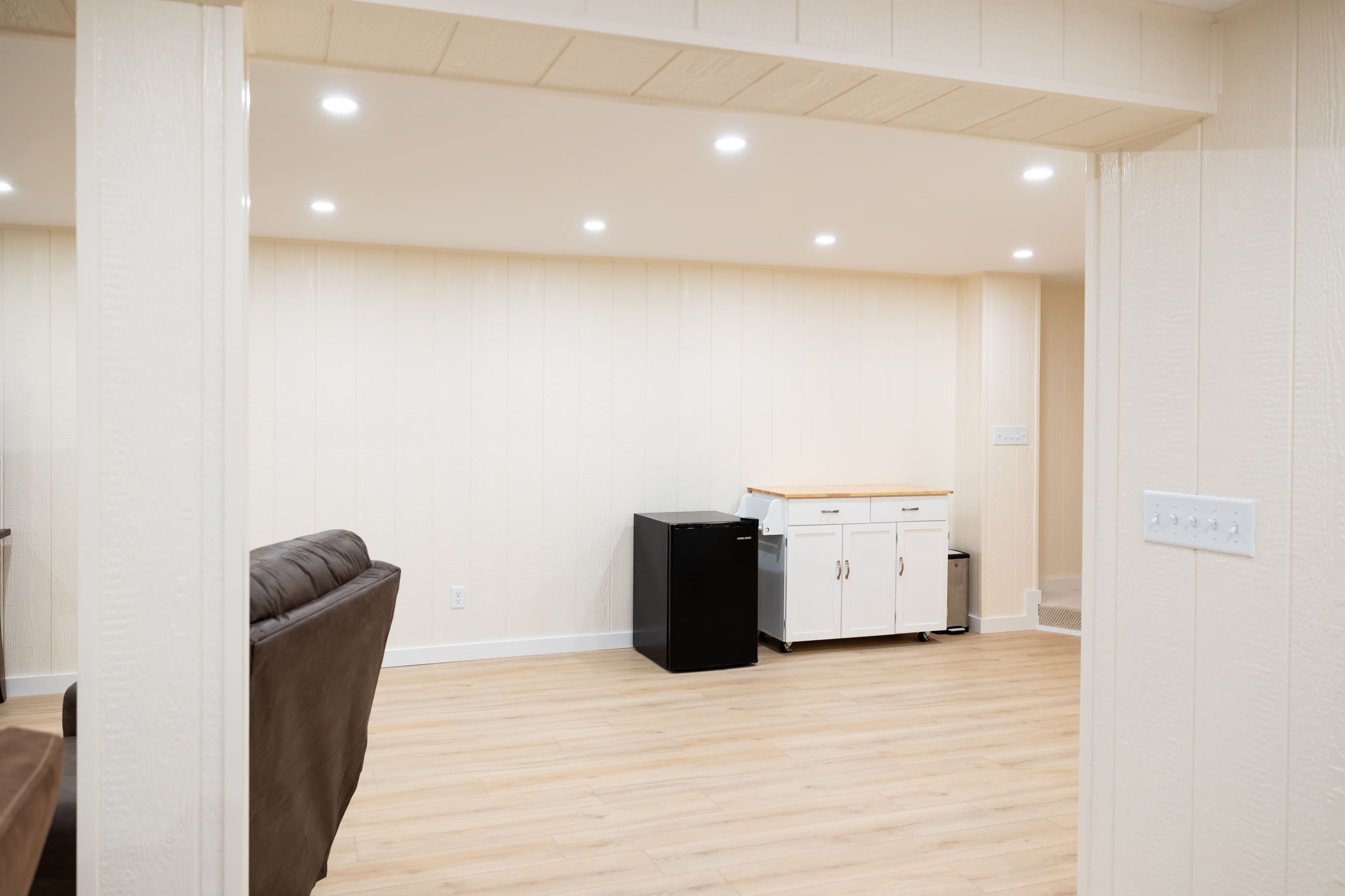 Mini fridge, in bight white open basement remodel-2