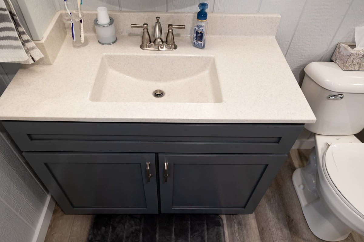 Vaniety with dark grey cabinets and white toliet in basement remodel