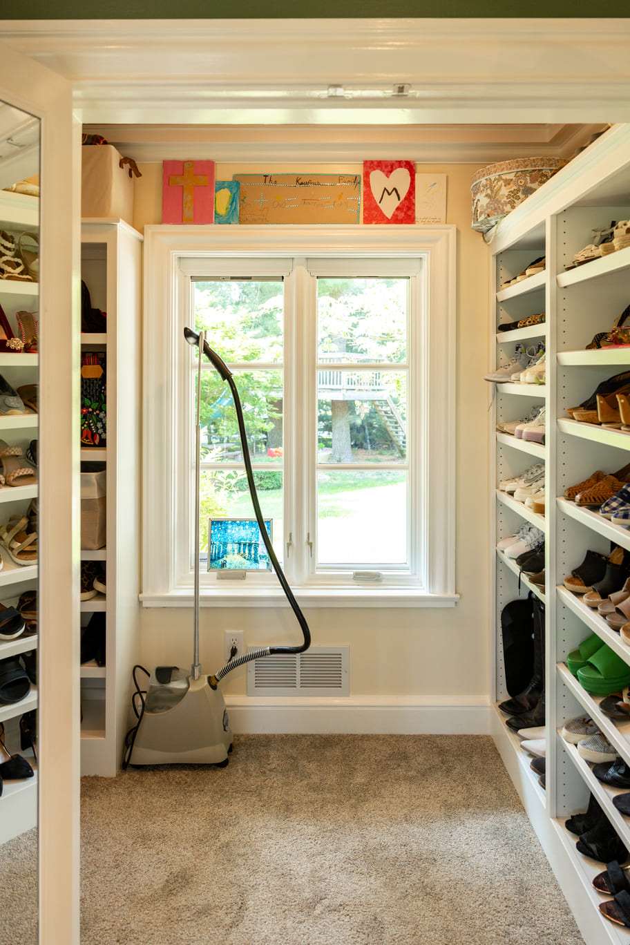 Walk-in closet with shelving for shoes and carpeted floor