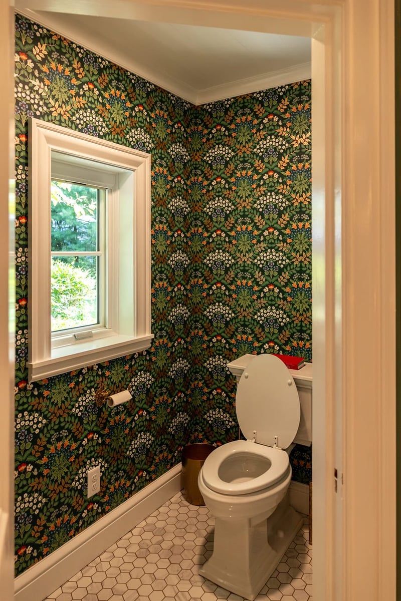 Wallpaper In Bathroom With White Tile Floors