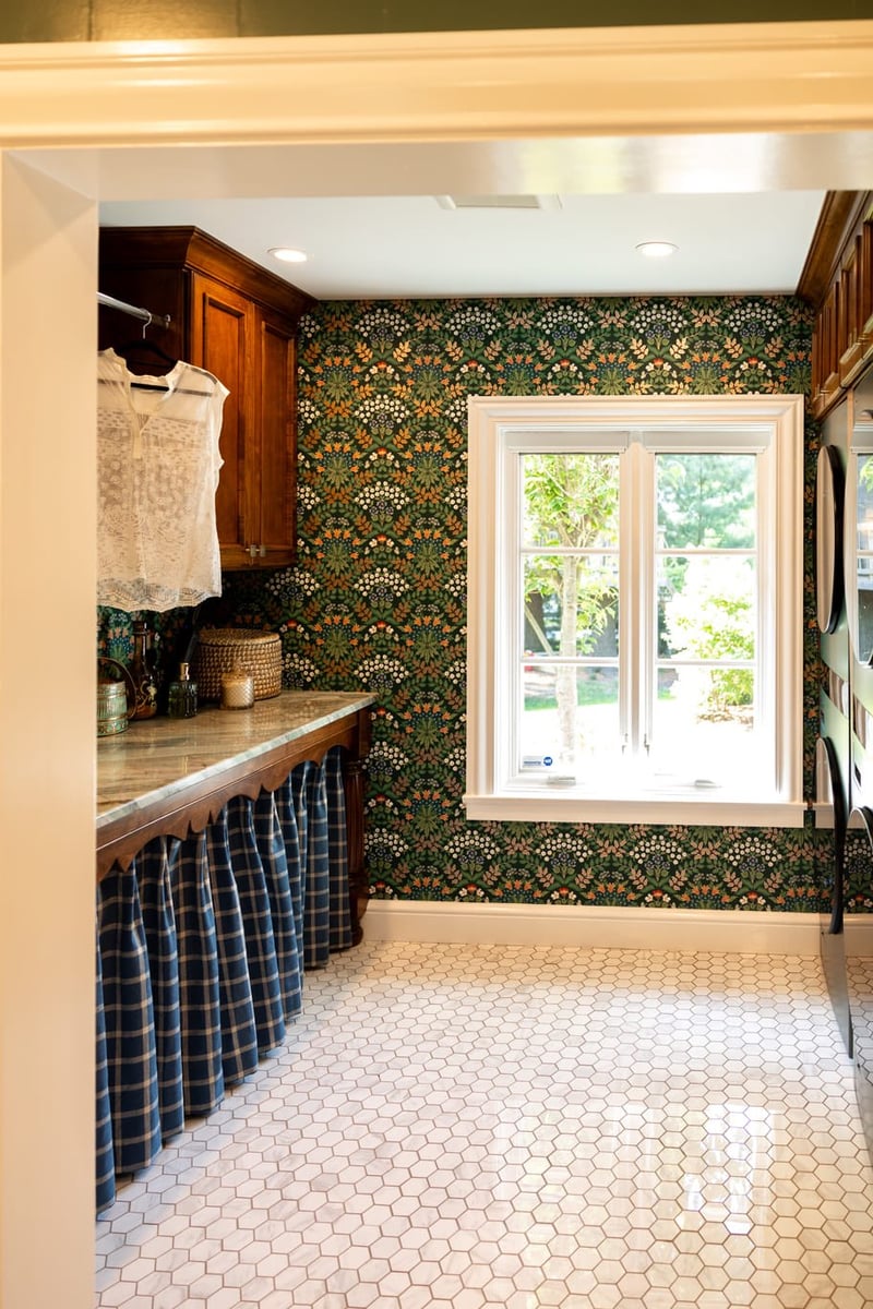 White Tile Floor & Green Print Wall Paper In Laundry Room By True Craft