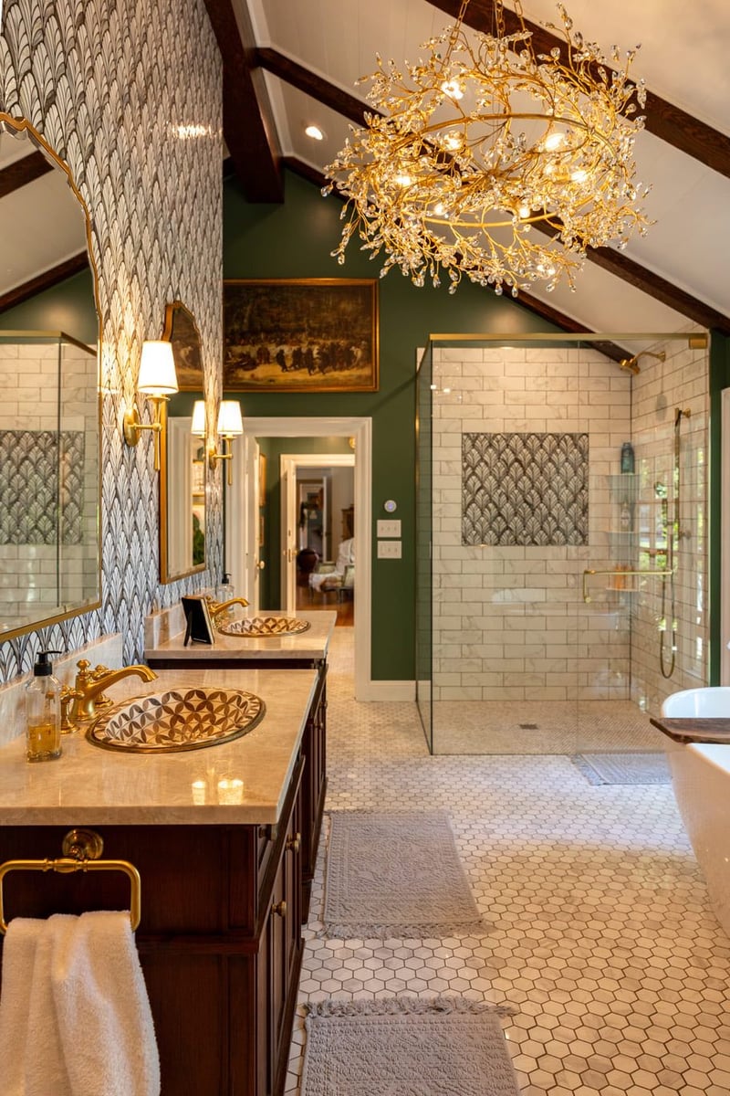White tile floors, green painted walls, and wallpaper in custom bathroom with walk-in shower and tub